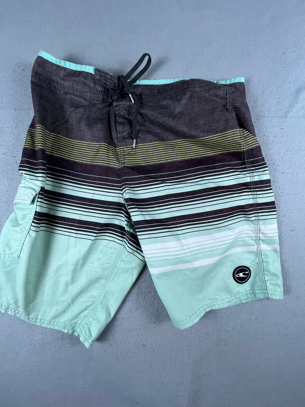 O'Neill Board Shorts Mens 34 Green Gray Striped Cargo Beach Surfing Swim Trunks